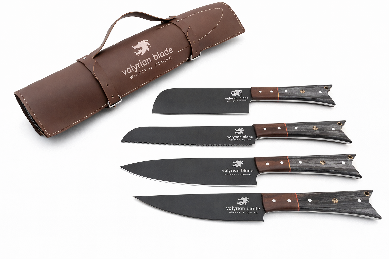 Handmade Black Coated Kitchen Knife Set with Fish Fin style wood handl1 – VALYRIAN BLADE