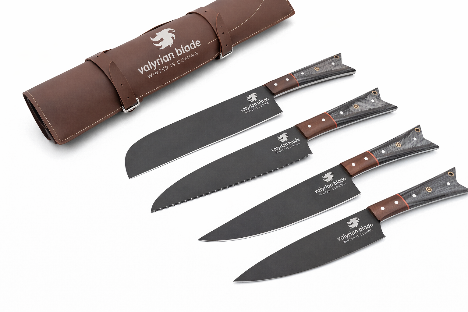 Handmade Black Coated Kitchen Knife Set with Fish Fin style wood handl1 – VALYRIAN BLADE