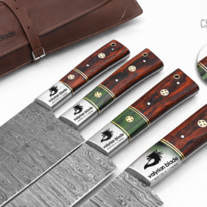 Handmade Damascus Kitchen Knife Set with wood handle and Damascus Steel Blade, Chef’s Knives set with Leather Pouch Roll and High Tempered Razor-Sharp Blade (CS-19)