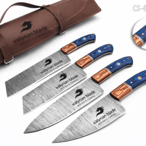Handmade Damascus Kitchen Knife Set with wood handle and Damascus Steel Blade, Chef’s Knives set with Leather Pouch Roll and High Tempered Razor-Sharp Blade (CS-18)